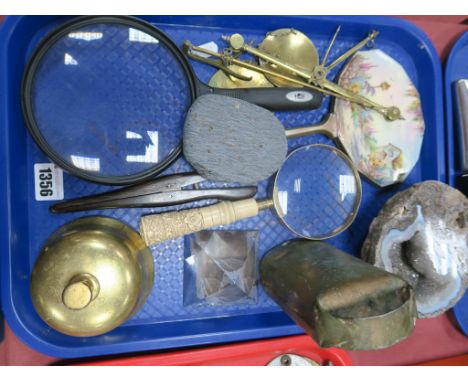 Brass Desk Bell, magnifiers, scales, minerals etc:- One Tray