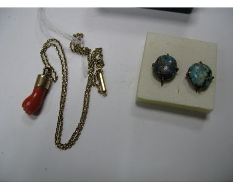 A Vintage Coral Coloured Hand Pendant, (incomplete), on belcher link chain, stamped "15c" to snap clasp, a pair of hardstone 