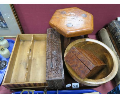 A Hardwood Rectangular Box and Cover, relief carved decoration of buildings and figures amongst foliage, length 29.5cm, birds
