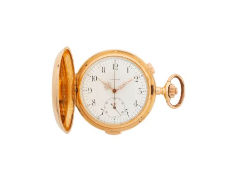 An 18ct gold stop watch and repeater pocket watch, unsigned full hunter, keyless wind, round white enamel dial inscribed UTMO