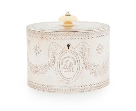 A George III style tea caddy Brook &amp; Sons, Edinburgh 1898, of oval form, bright cut engraved decoration throughout with s