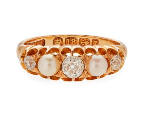 A pearl and diamond set ring claw set three graduated old-cut diamonds alternating with two pearls, to a plain 18ct yellow go