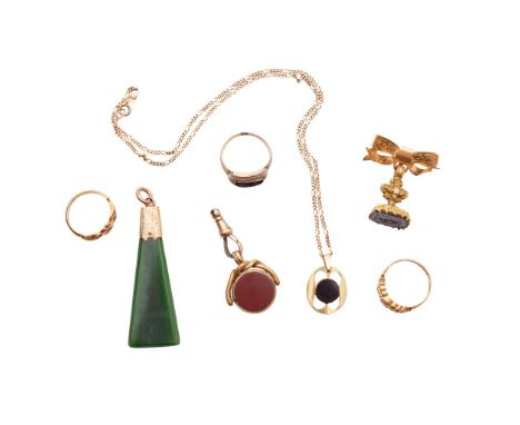 A collection of gem set jewellery to include an 18ct gold ruby and diamond set ring, to a plain shank; together with a 15ct g