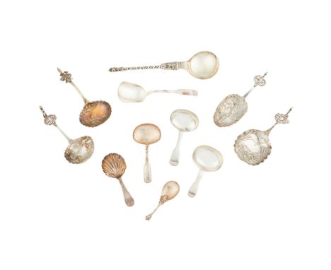 A collection of five early Dutch spoons various marks, four with crimped bowls and embossed pastoral depictions and one apost