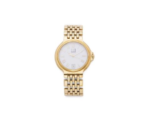 Plain gold case, white dial with gilt Roman numerals, sweep second hand, date aperture, polished brick-link bracelet, double 