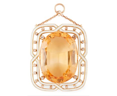 A citrine, enamel and diamond set pendant claw set with an oval mixed-cut citrine in an open white enamel border, collet set 