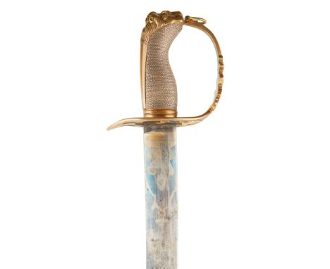 An 1803 Officer's sabre the brass hilt with Royal cypher and crown and lion head pommel, the curved blade with traces of gilt