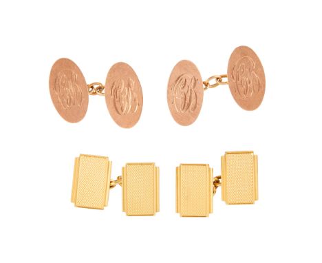 Two pairs of 9ct gold cufflinks each terminal of oval form, italic initials engraved to centre, and belcher links; together w