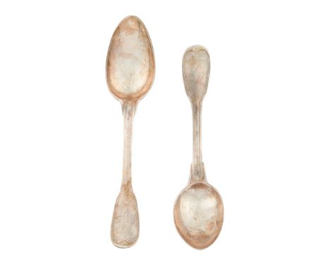 A pair of 18th century Continental tablespoons- Jacobite Interest indistinct marks for France, of Fiddle and Thread pattern, 
