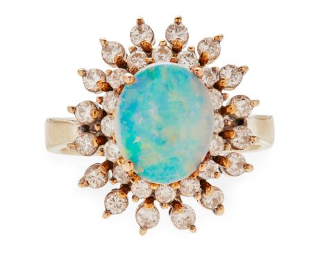 An opal and diamond set cluster ring the opal cabochon claw set above a stepped double border of small round brilliant-cut di