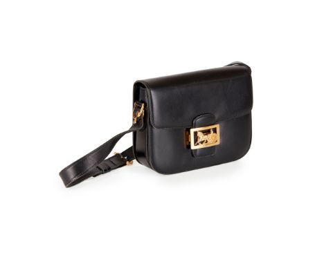 A rare vintage front logo flap shoulder bag, Celine black calf leather, gold-tone hardware(Width: 24cm)