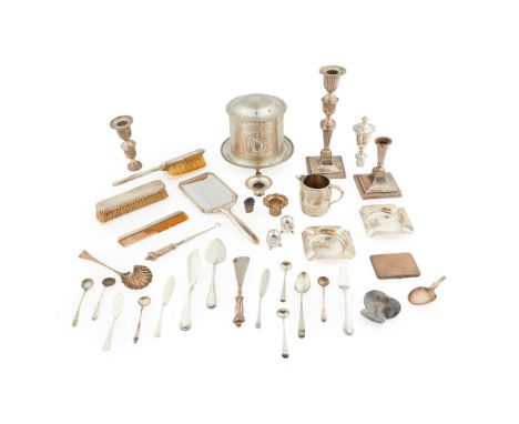 A large mixed group of silver and plate to include; a pair of table candlesticks of Adam style, one a/f; various dressing tab