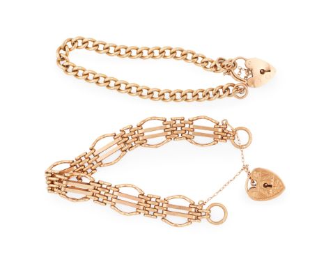 A 9ct gold gate link bracelet to a padlock clasp; together with another similar, composed of curb links to a padlock clasp