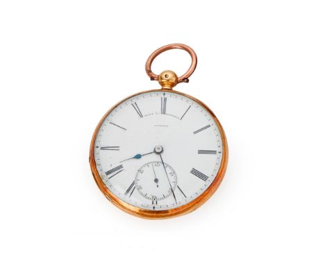 An 18ct gold open face key wind pocket watch signed white enamel dial inscribed Hunt &amp; Roskell London, with Roman numeral