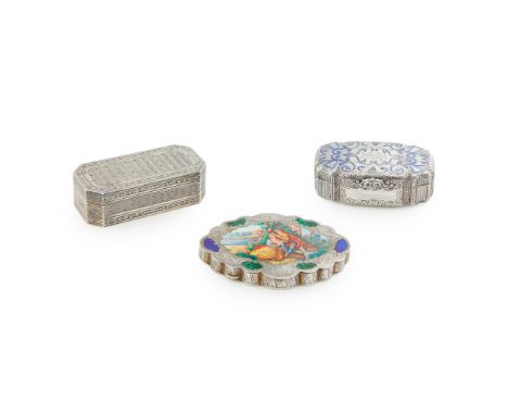 A group of three Continental silver table boxes the first, stamped 800, of scalloped shape, inlaid with inset enamel faux mal