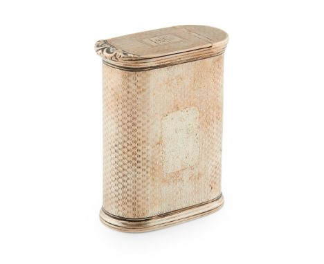 A William IV snuff box James Nasmyth, Edinburgh 1832, of oval cylindrical form, all over feathered detail, the hinged lid wit