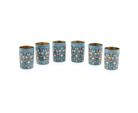A set of six Russian enamel beakers Kokoshnik marks to underside with maker's mark, circa 1899-1908, each of slightly tapered