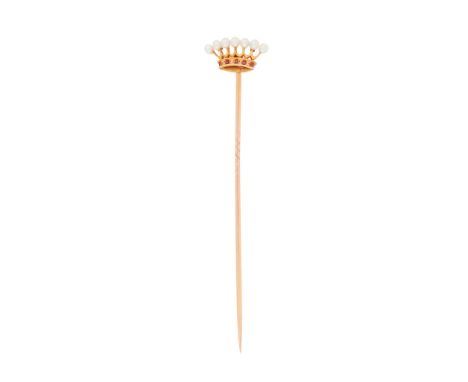 A pearl set stick-pin modelled as a coronet, set with seed pearls and small round-cut rubies(Overall length: 72mm)