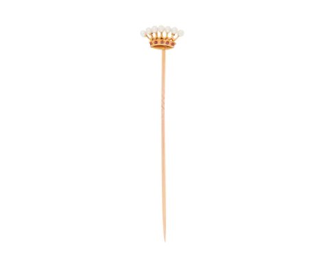 A pearl set stick-pin modelled as a coronet, set with seed pearls and small round-cut rubies(Overall length: 72mm)