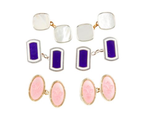Three pairs of gentleman's cufflinks the first pair composed of silver rectangular terminals, with blue and while enamel deta