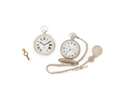 A silver hunter cased pocket watch, Omega full hunter, keyless wind, round white enamel dial with Roman numerals in black, su