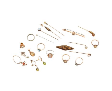 A collection of tie pins and brooches to include seven various gem set tie pins, a seed pearl set bar brooch and a Japanese s
