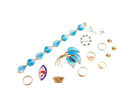 A Scandinavian blue enamelled bracelet and brooch both designed as stylised leaves, stamped 925; together with cased set of c