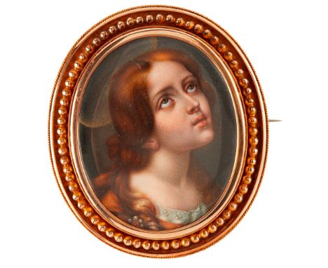 A portrait miniature brooch of oval outline, depicting a woman with a halo in an orange dress, beaded detail to the border, g