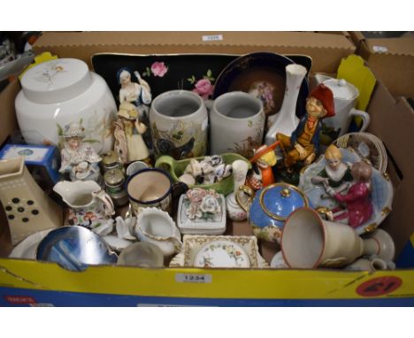 An interesting selection of items including a pair of German pottery tankards with wild fowl designs, a modern ginger jar wit