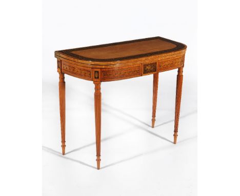 A pair of George III satinwood and painted card tables, circa 1800, each hinged D-shaped top with Greek key border, opening t