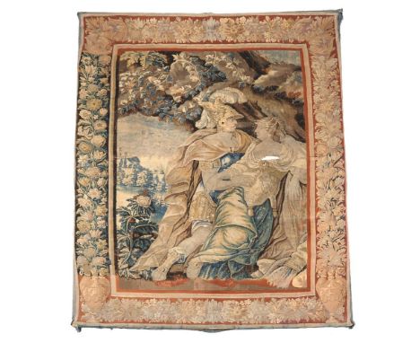 A Franco-Flemish woven wool figural tapestry, late 17th/early 18th century, depicting a courting couple in classical style, b
