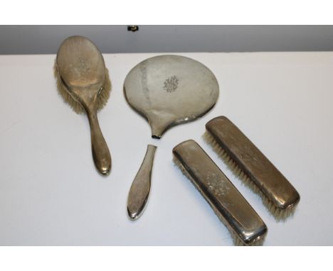 A selection of hallmarked silver dressing table items. (mirror is broken) 