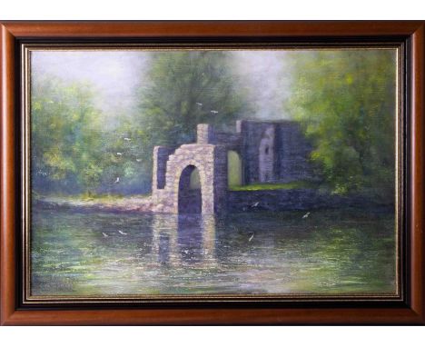 Clem Spencer (Plymouth), 'Radford Lake, Plymstock' oil on canvas, signed, 40cm x 60cm, framed. Provenance; this artwork has b