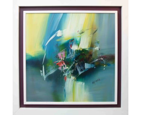 Wilkinson, contemporary abstract painting, oil on board in white floating frame, signed and inscribed on the back 'framed by 