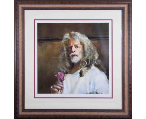 Robert Lenkiewicz (1941-2002), 'Self Portrait Holding Rose', signed limited edition print 94/500, 47cm x 47cm, framed and gla