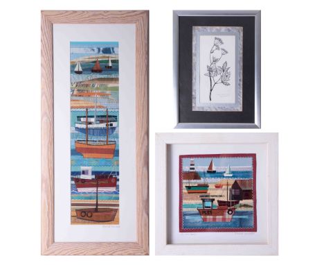 Rachel Sumner (contemporary textile artist, Bideford), fabric collage 'On the Beach', signed and titled and another 'Fishing 