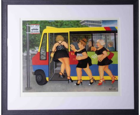 Beryl Cook (1926-2008) 'Bus Stop' 2006 screen print, signed and published by Alexander Gallery Bristol, 40cm x 50cm, framed a