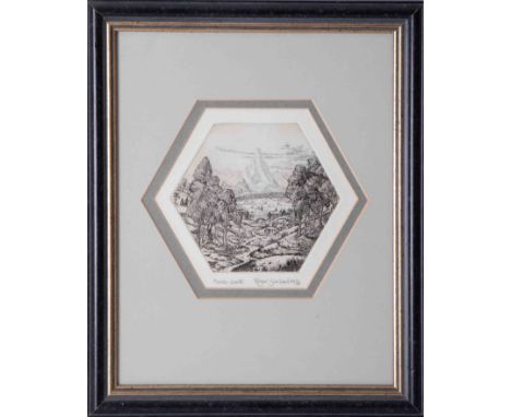Roger Garland signed print 'Middle Earth' 13cm x 11cm, '89, edition 11/100, framed and glazed.