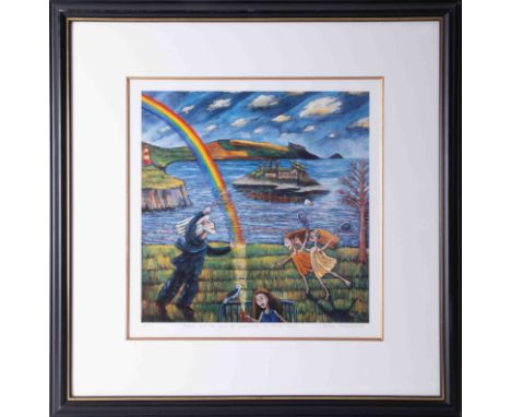 Karen Ciambriello, signed edition print 'Robert and the game of Badminton' 39/250, 40cm x 40cm, framed and glazed.