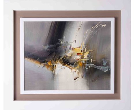 Wilkinson, contemporary abstract painting, oil on board in white floating frame, signed, overall size including frame 64cm x 