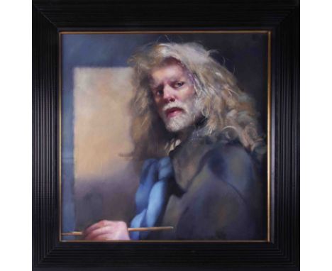 Robert Lenkiewicz (1941-2002) a fine self portrait painting titled on reverse 'Self Portrait With Blue Scarf' also inscribed 