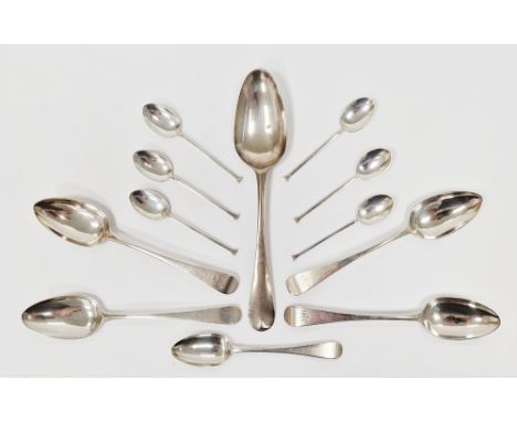 Collection of silver spoons including table spoon, London 1759, matched set of four George III dessert spoons, George III tea