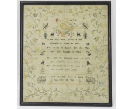 George IV needlework sampler by Anne Mennell, aged 11 years dated September 22 1826, embroidered with silk threads on a linen
