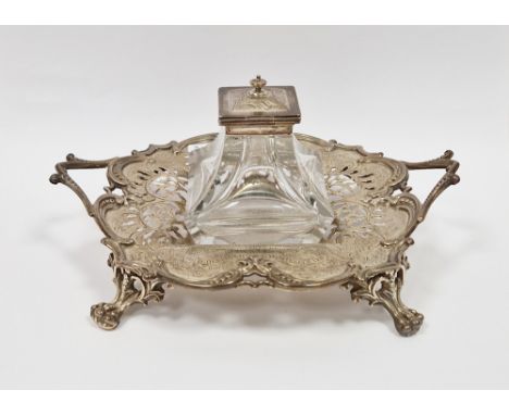 Victorian silver and cut glass inkwell on stand, Sheffield 1857, Henry Wilkinson &amp; Co, the inkwell of square baluster for