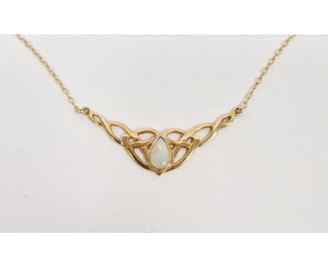 Modern 9ct gold and opal necklace, the teardrop-shaped opal in pierced plaited setting, on integral fine chain&nbsp;Condition