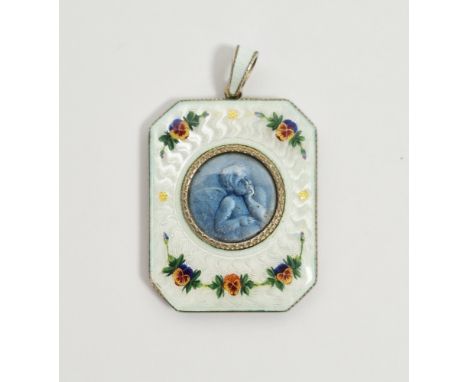 Early 20th century yellow-metal and guilloche enamelled miniature portrait pendant, the rectangular pendant with canted corne
