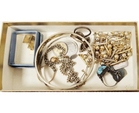 Collection of silver and costume jewellery including silver adjustable bangle with scrolling engraved decoration, pair of sil