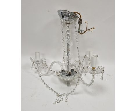 Glass three-branch electrolier&nbsp;with chrome fittings, strings of faceted glass beads and crystal glass drops, approx. 46c