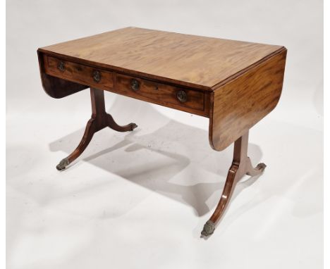 19th century satin wood drop-flap sofa table&nbsp;with two drawers and two faux drawers with brass circular drop ring handles