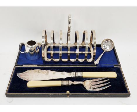 Collection of silver plate including large early 20th century six section toast rack, 16cm long, James Dixon cased two piece 